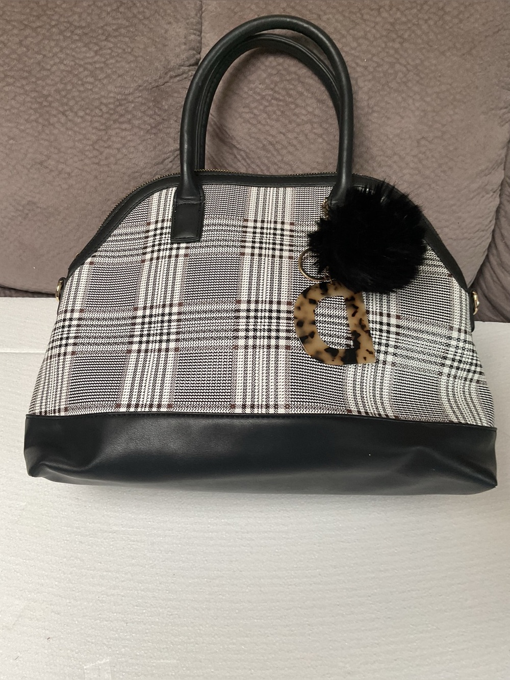 Crossing black & White Plaid Satchel Handbag with Pom Charm